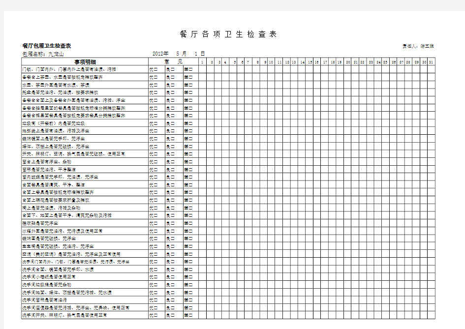 餐厅包厢卫生检查表.2012-5月