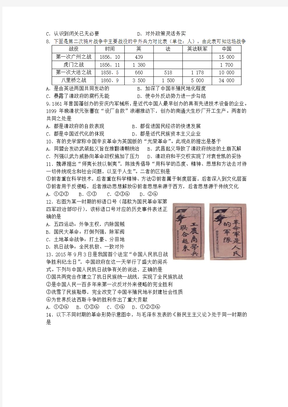江苏省苏州市2016年学业水平第一次模拟考试历史试题