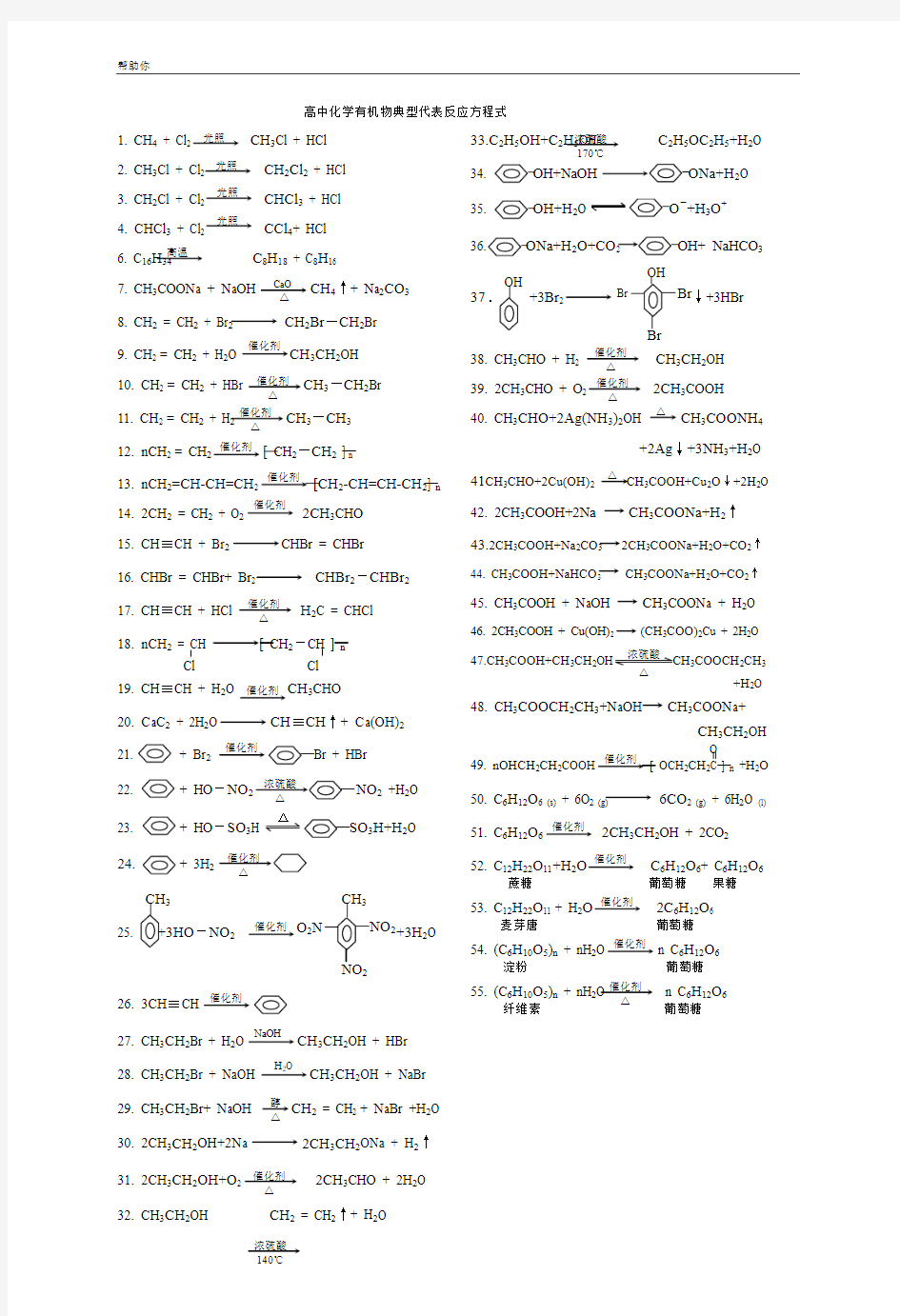 高中有机化学典型代表物方程式汇总(大全)