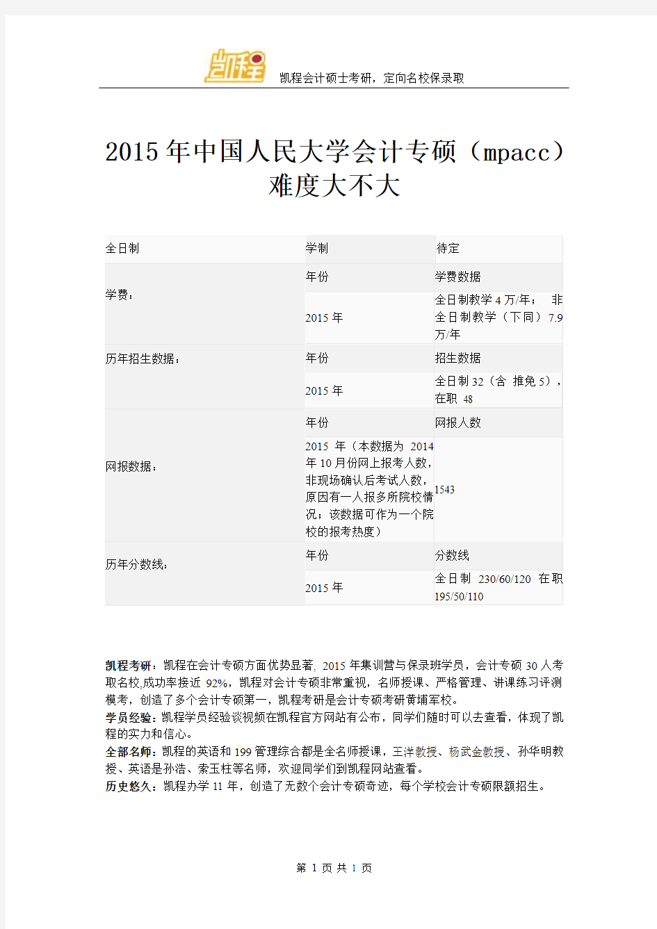 2015年中国人民大学会计专硕(mpacc)难度大不大