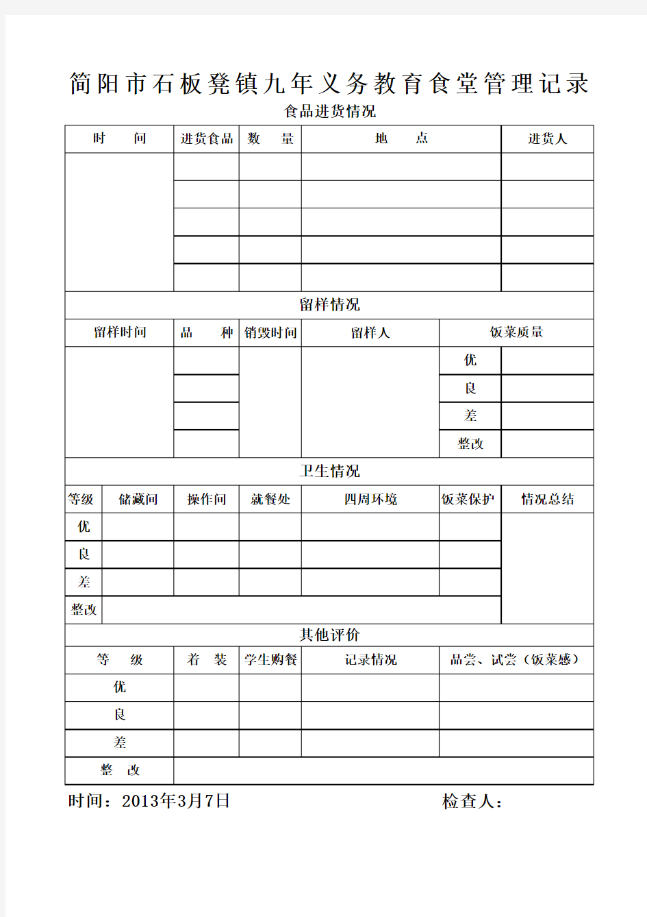 简阳市石板凳镇九年义务教育食堂检查记录(2012年)