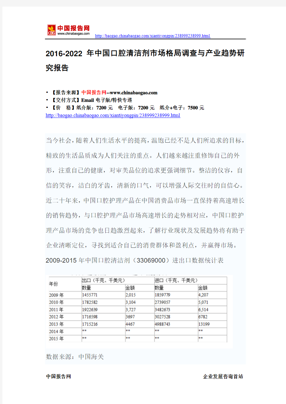 2016-2022年中国口腔清洁剂市场格局调查与产业趋势研究报告