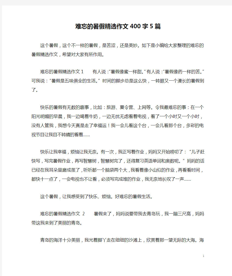 难忘的暑假精选作文400字5篇