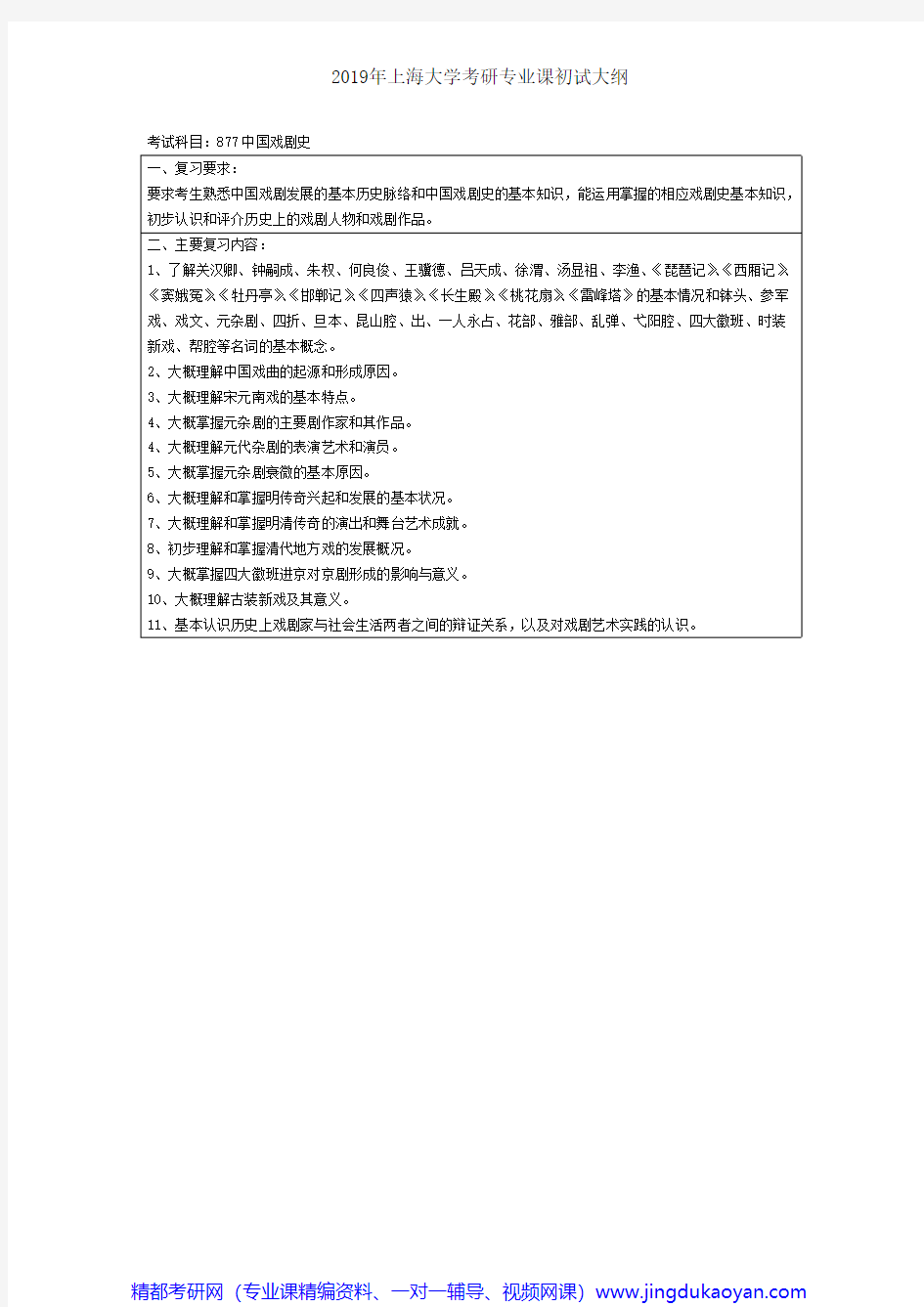 上海大学877中国戏剧史2018年考研专业课大纲