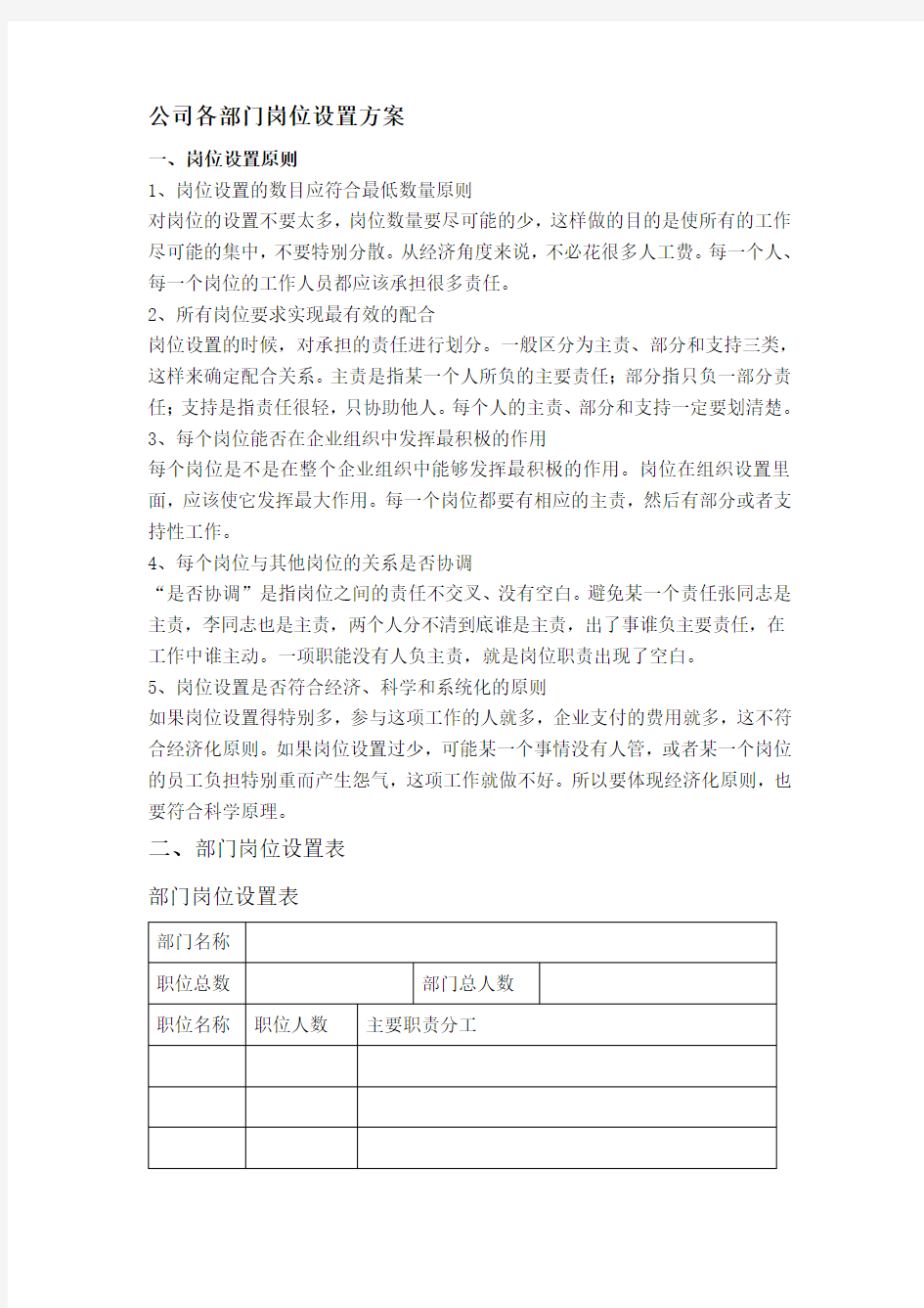 公司岗位设置表