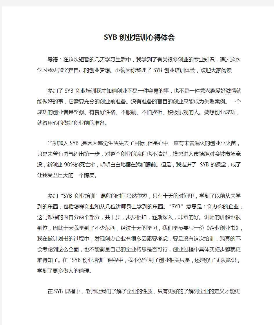 SYB创业培训心得体会