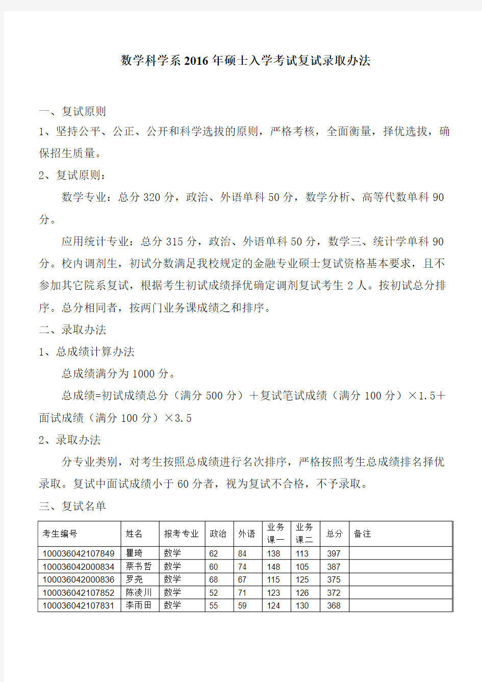 数学科学系2016年硕士入学考试复试录取办法-清华大学数学科学系