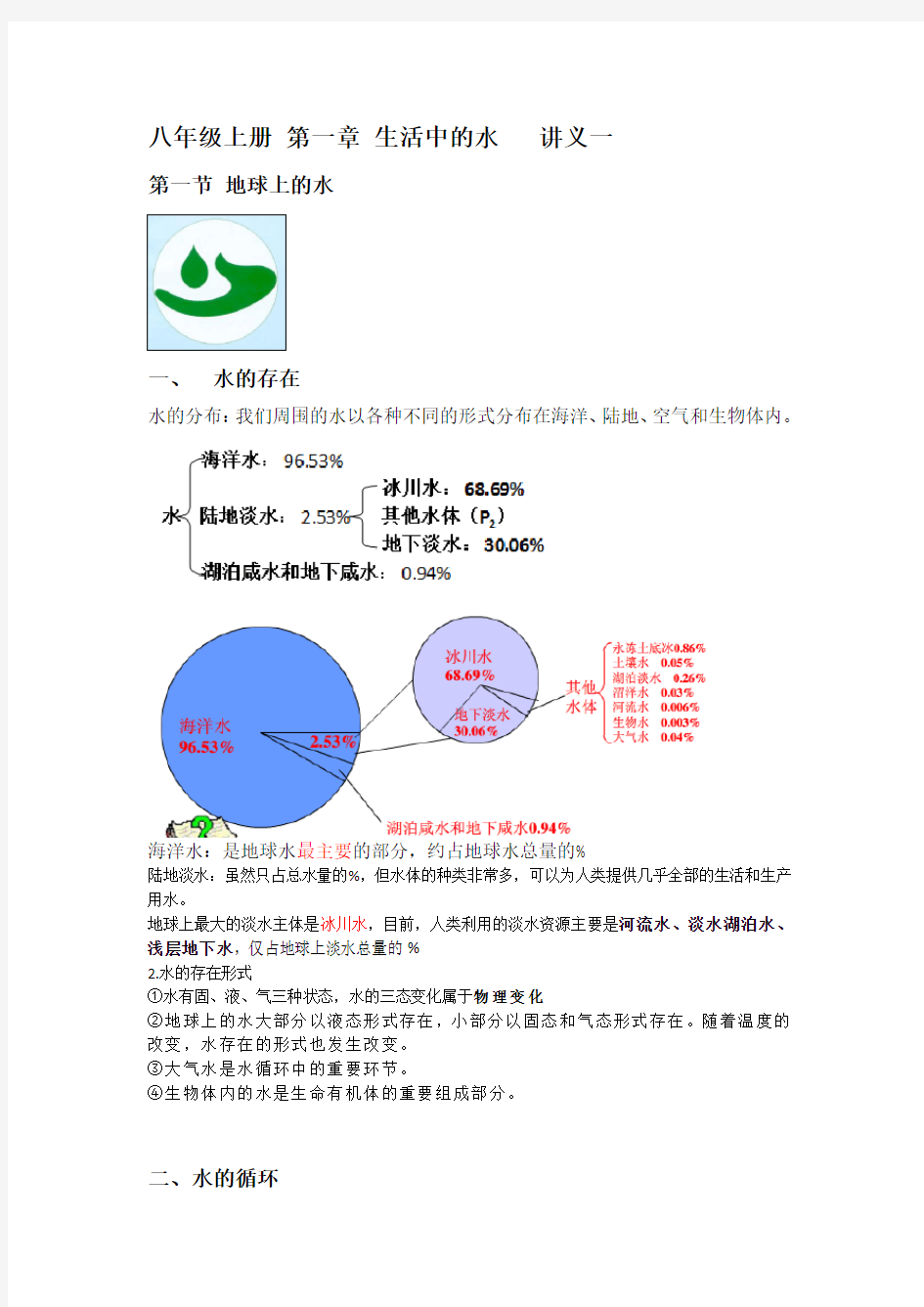 八年级上册 第一章 生活中的水讲义一