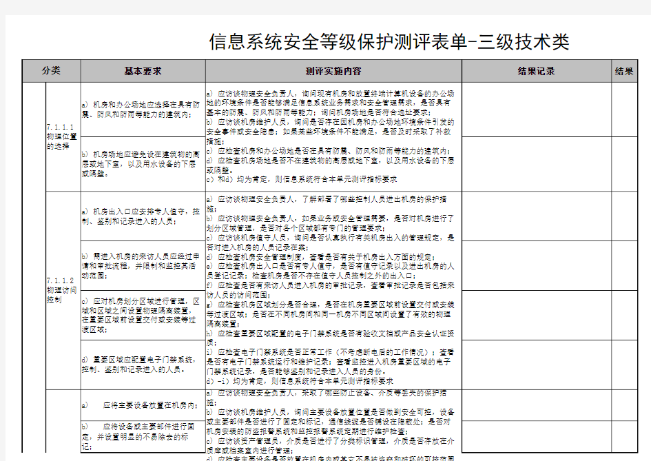 网络安全法 信息系统安全等级保护测评表单 三级技术类