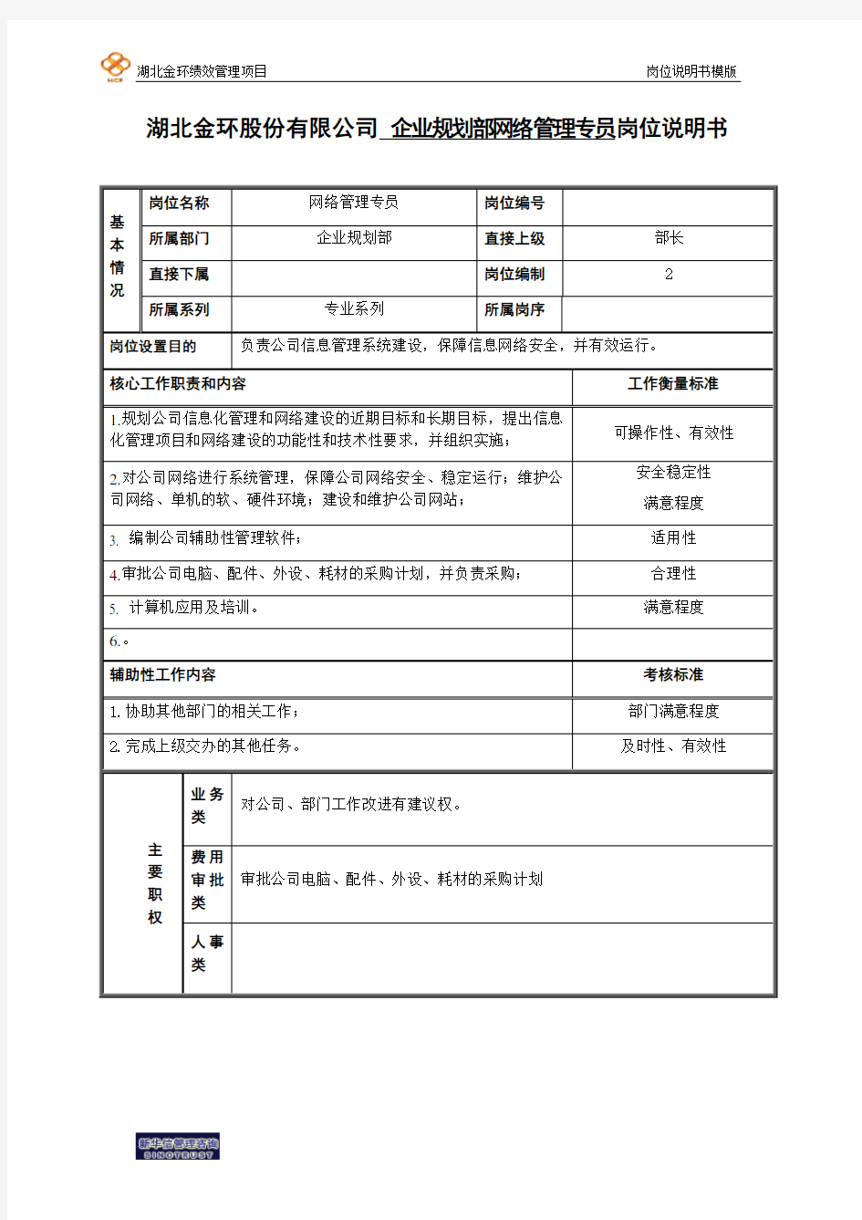 网络管理专员岗位说明书