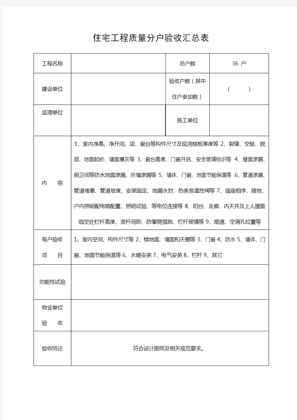 住宅工程质量分户验收汇总表及分户验收