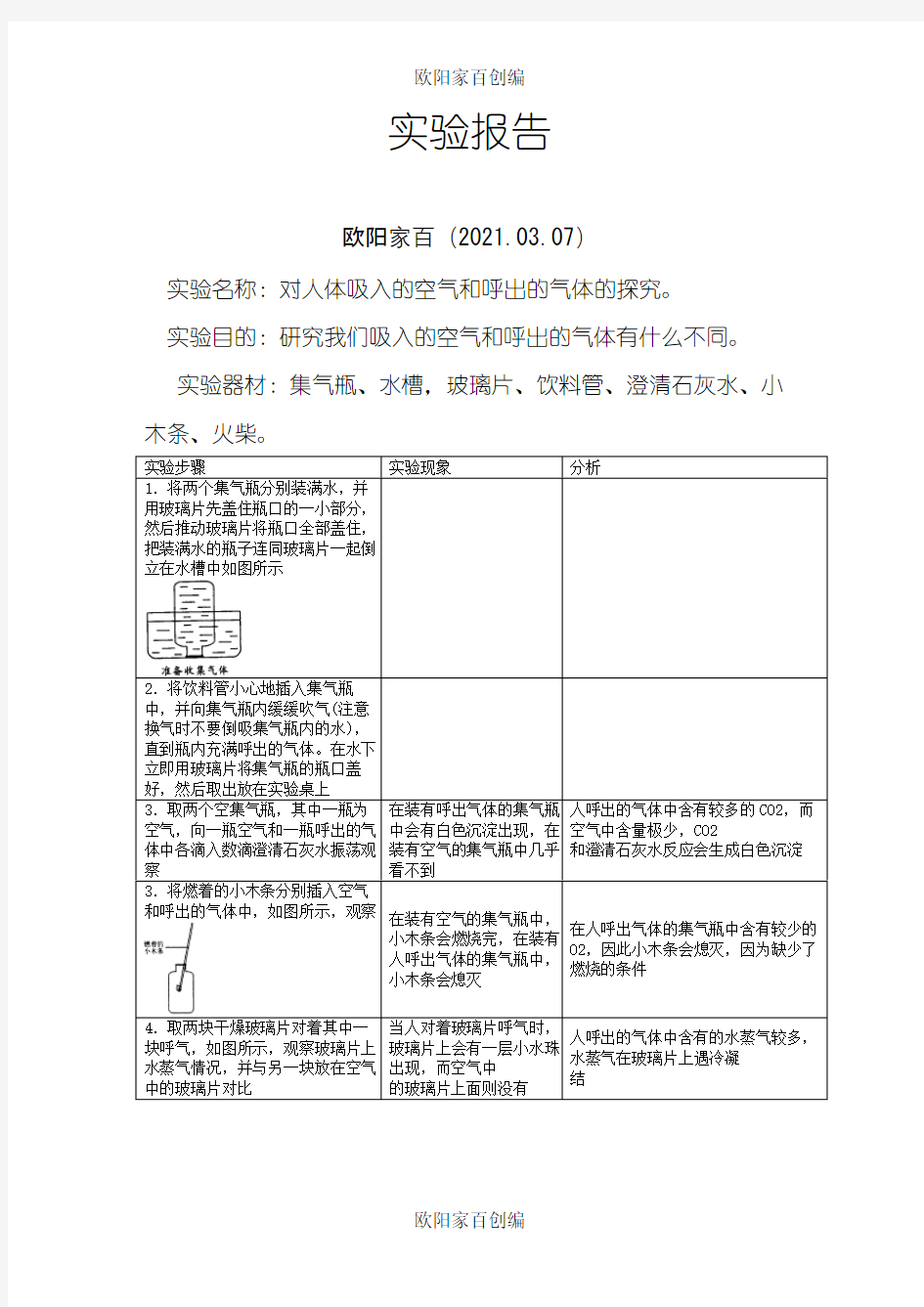 对人体吸入的空气和呼出的气体的探究实验报告之欧阳家百创编