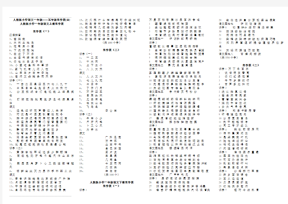 人教版小学语文一年级到五年级生字表5
