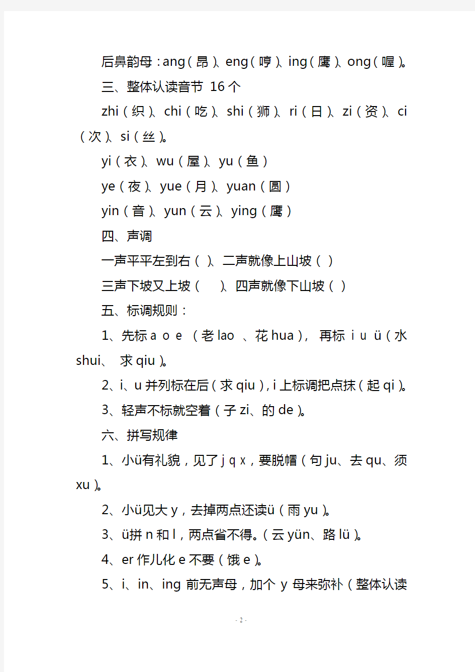 一年级汉语拼音知识大全(韵母,声母,标调规则,拼写规律)