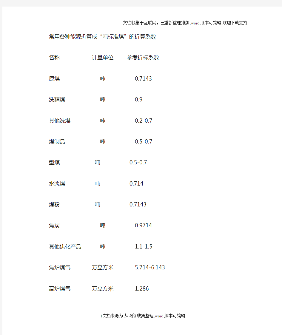 各种能源折算成“吨标准煤”的折算系数