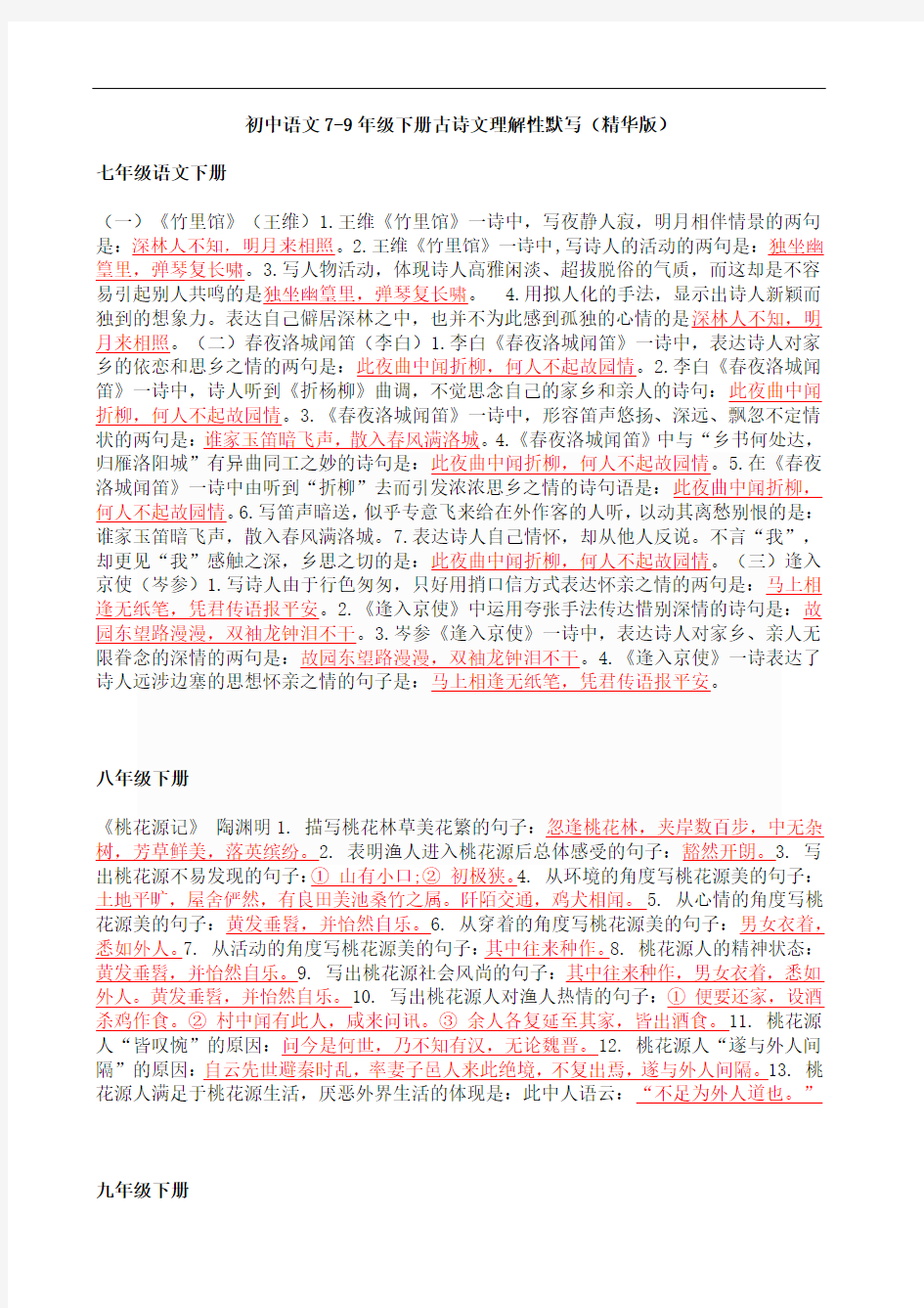 初中语文7-9年级下册古诗文理解性默写(精华版)