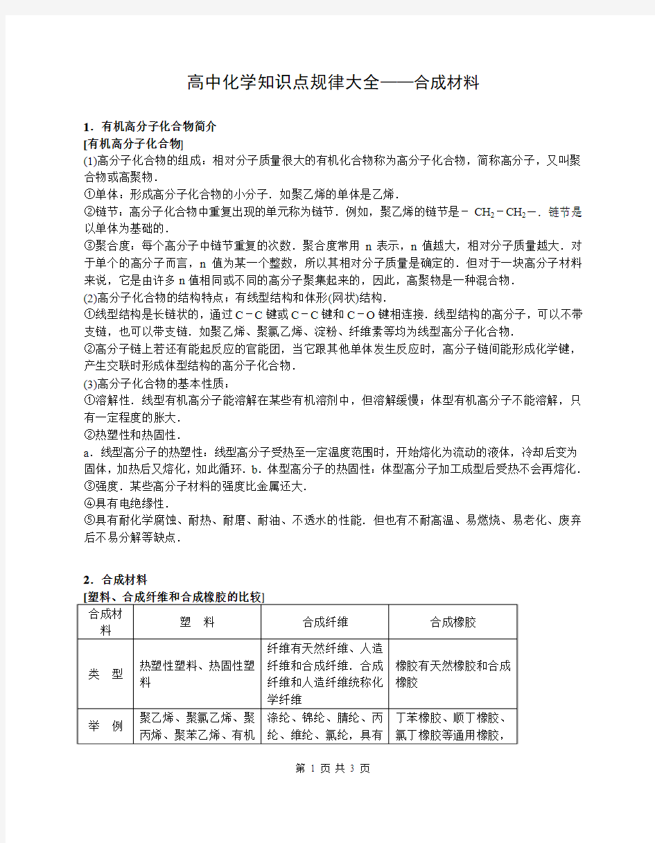 高中化学知识点规律大全——合成材料