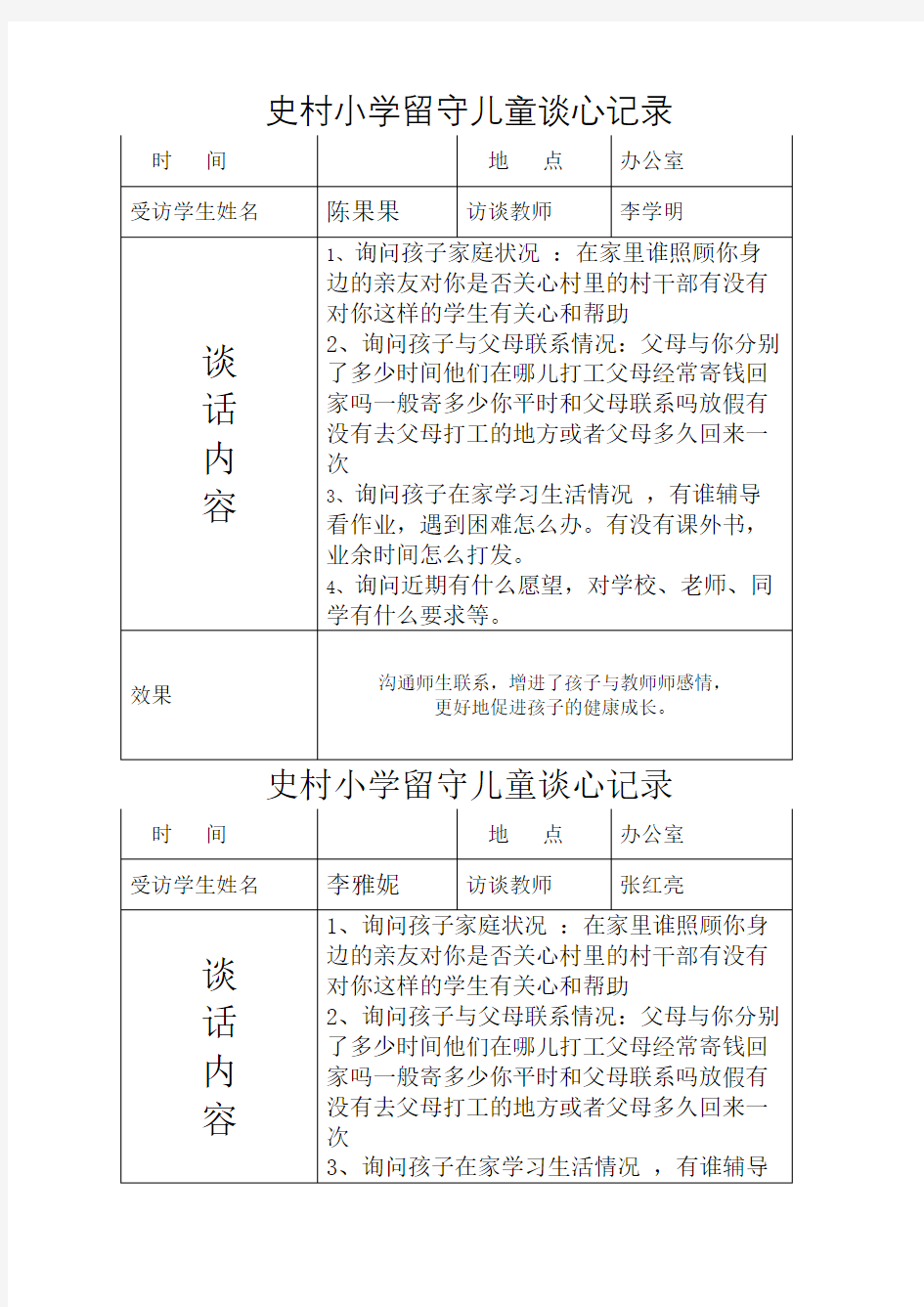 留守儿童谈心记录完整版