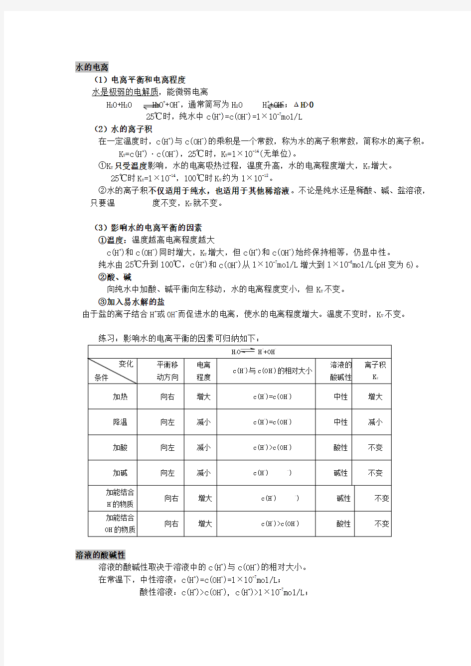 (推荐)水的电离知识点