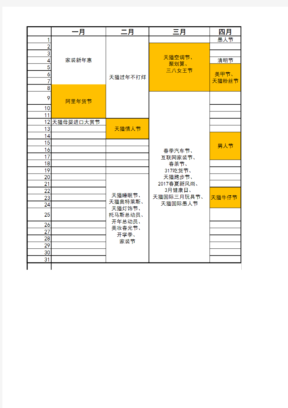 2017年淘宝天猫电商活动时间表