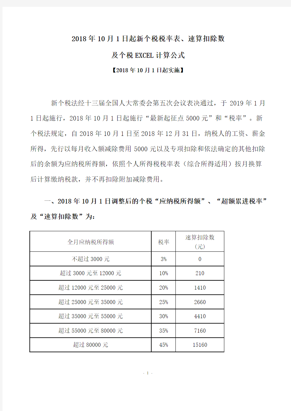 2018年10月1日起新个税税率表、速算扣除数及个税EXCEL计算公式