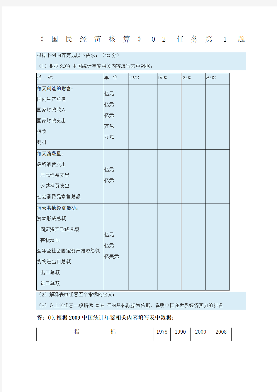 电大《国民经济核算》第二次形考任务答案