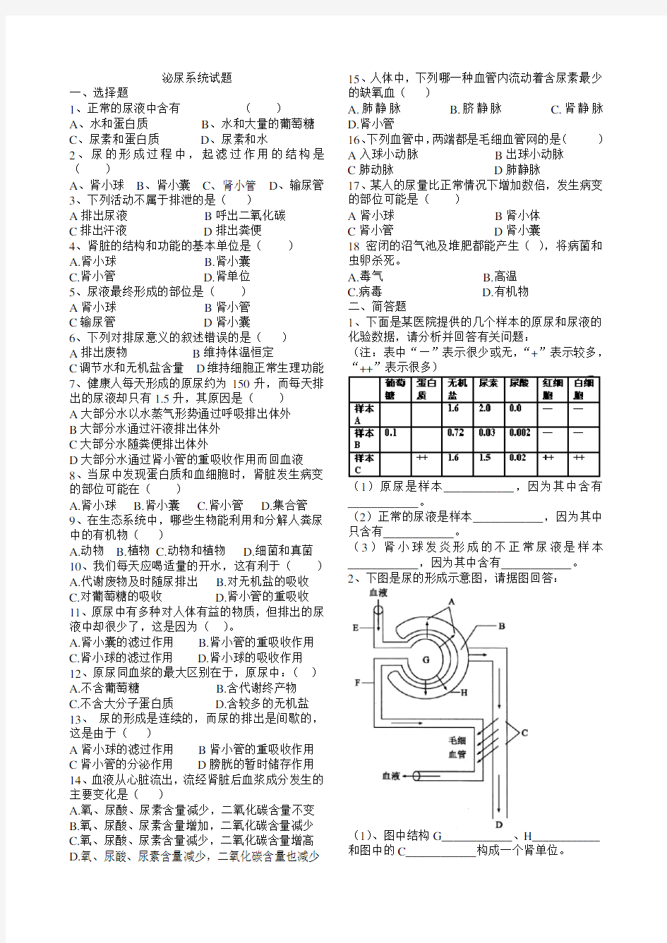 初中生物泌尿系统试题1