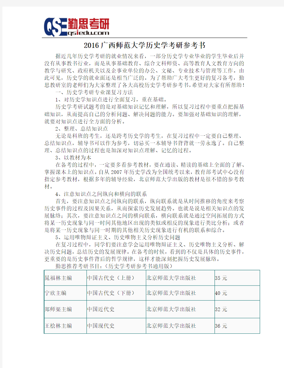 2016广西师范大学历史学考研参考书