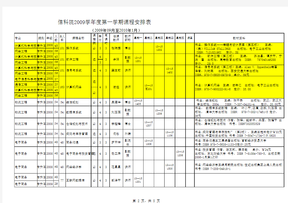 中山大学计算机专业第一学期课程安排表
