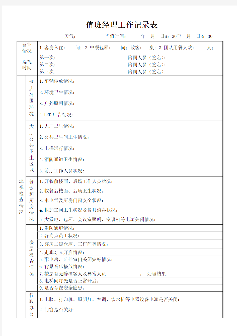 值班经理工作记录表