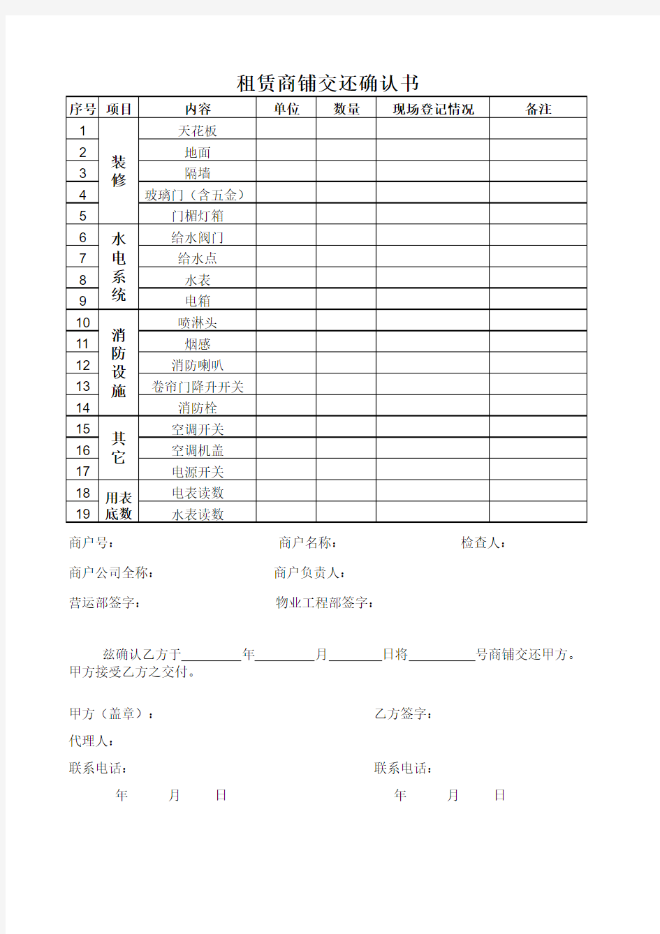 租赁商铺交还确认书