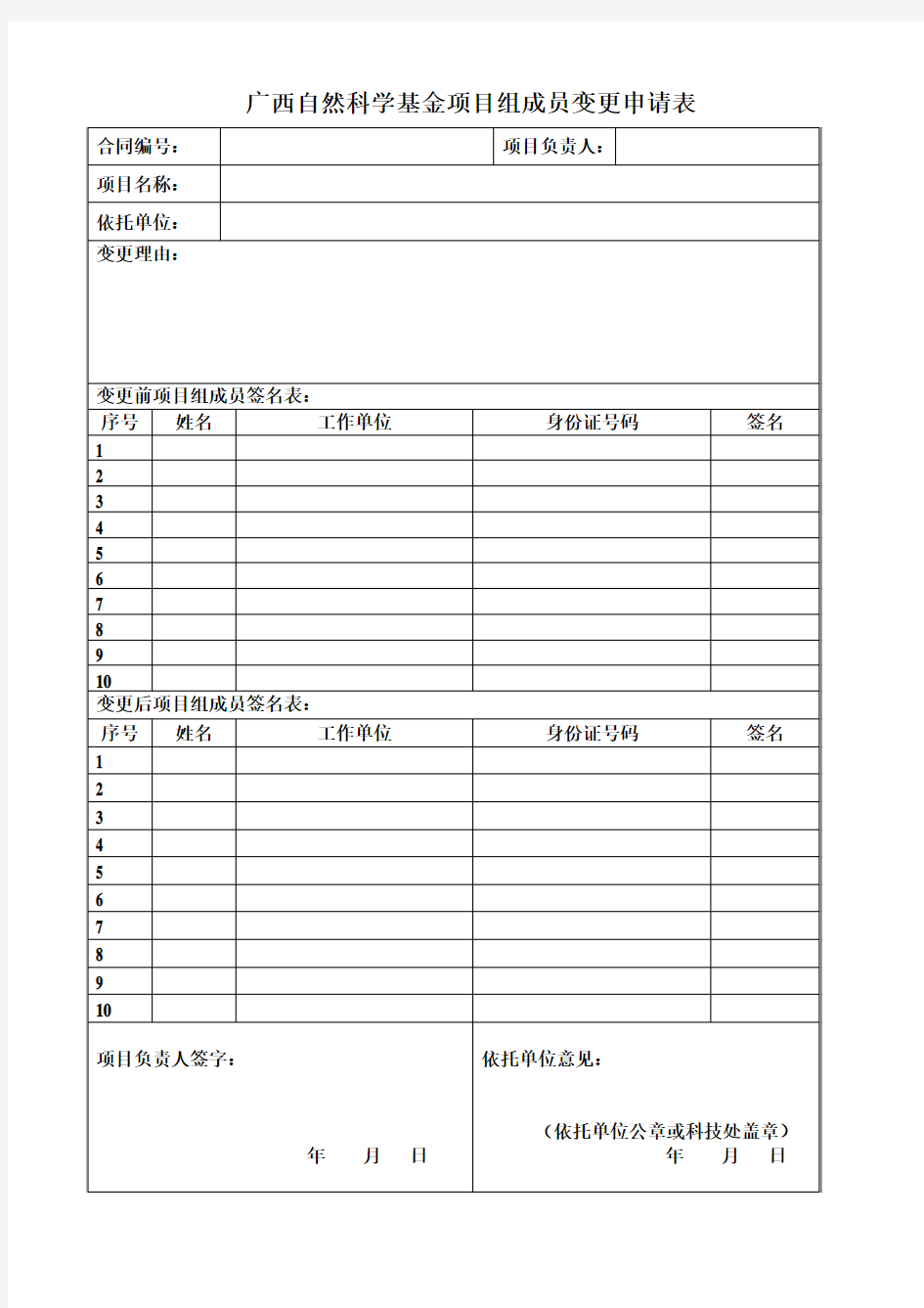 广西民族大学 广西自然科学基金项目组成员变更申请表