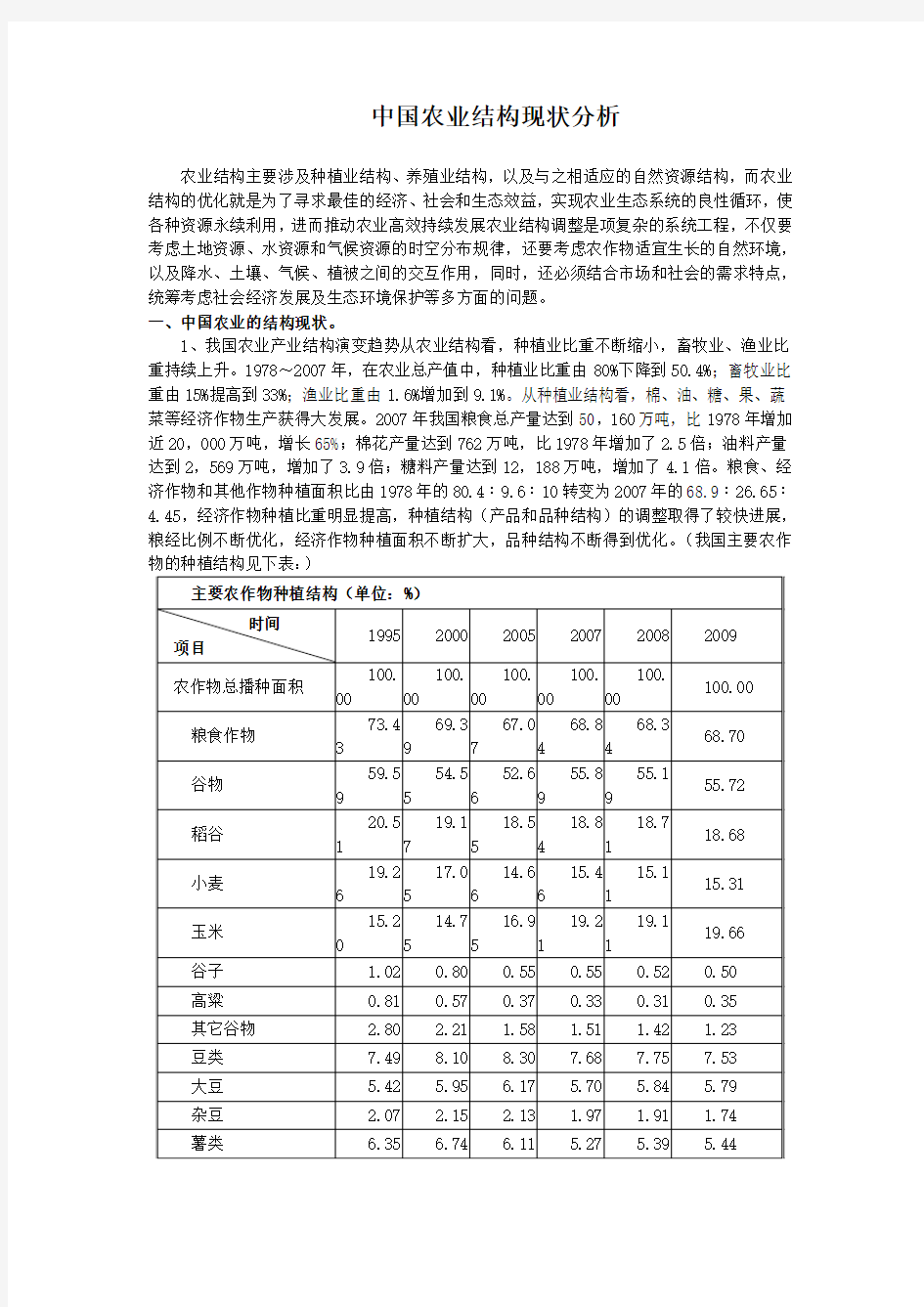 中国农业结构现状分析