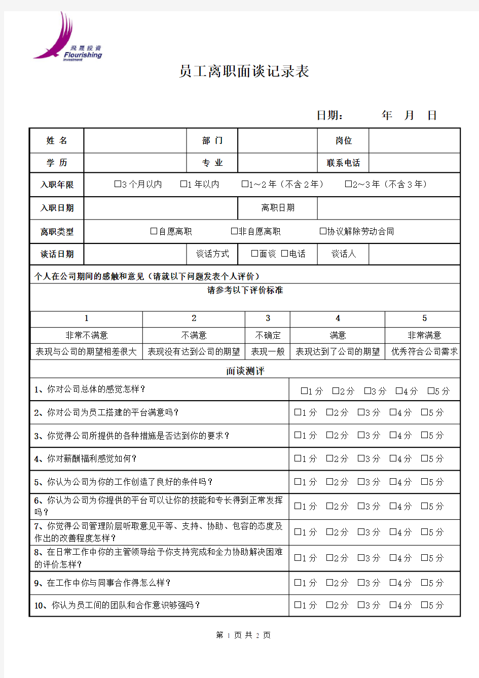 员工离职面谈记录表(试用版本)