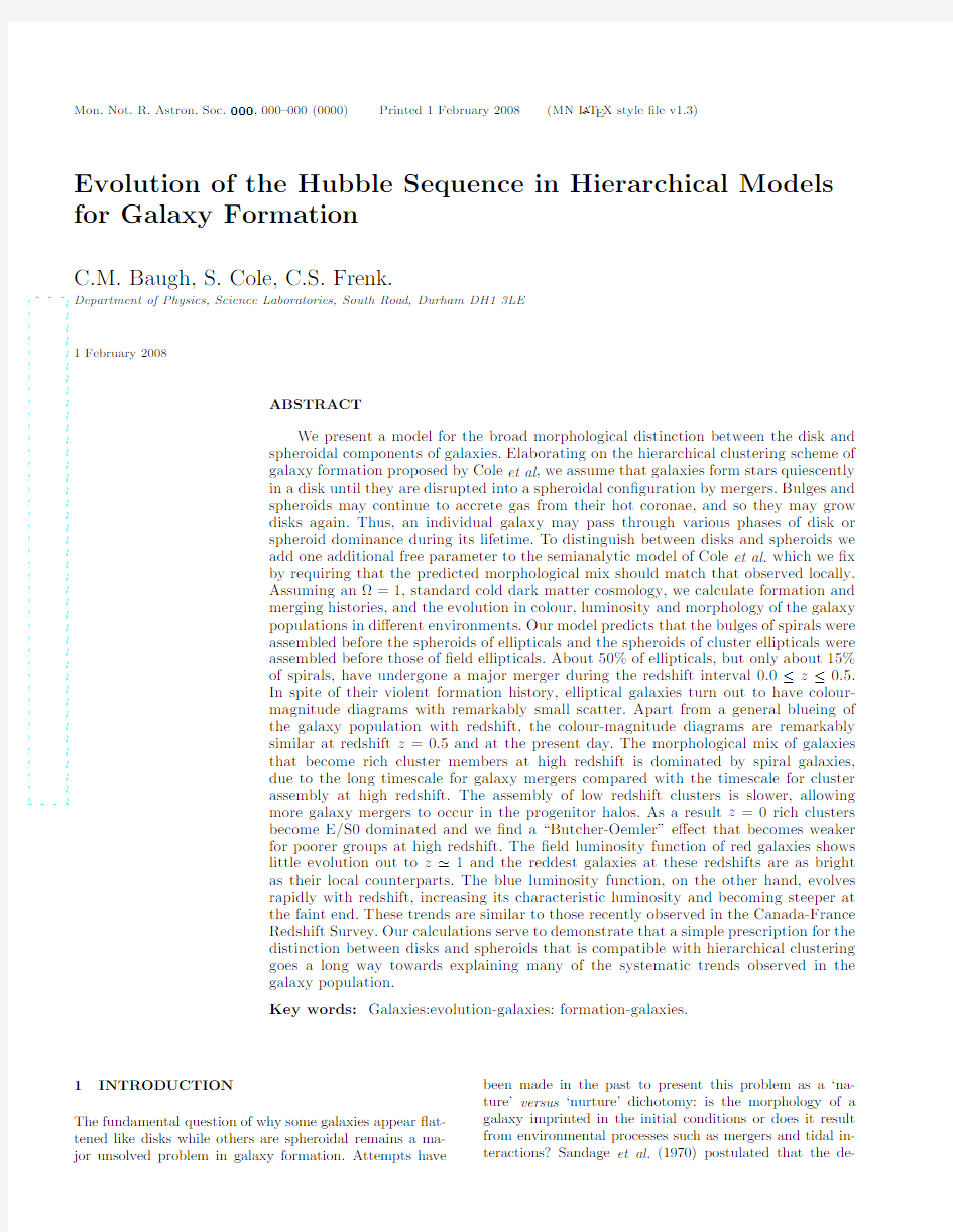 Evolution of the Hubble Sequence in Hierarchical Models for Galaxy Formation