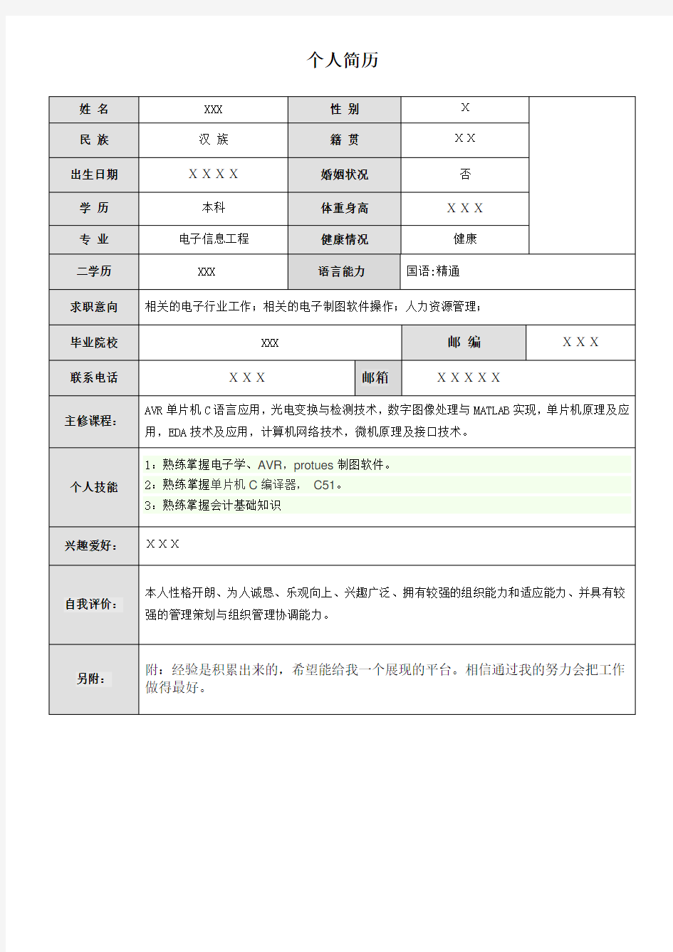 电子信息工程个人简历范文