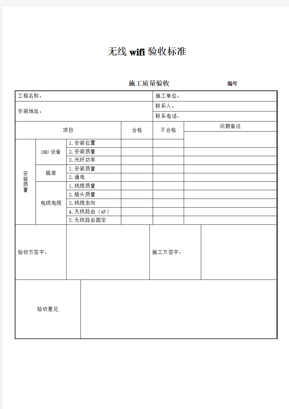 无线wifi验收标准(模版)