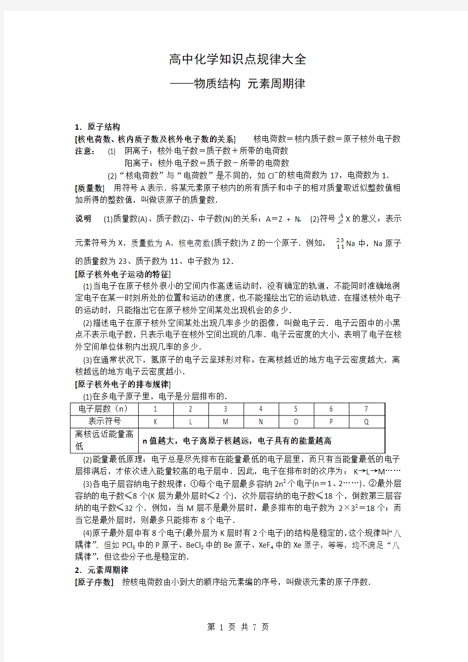 【化学】高中知识点规律大全(4)——《物质结构_元素周期律》