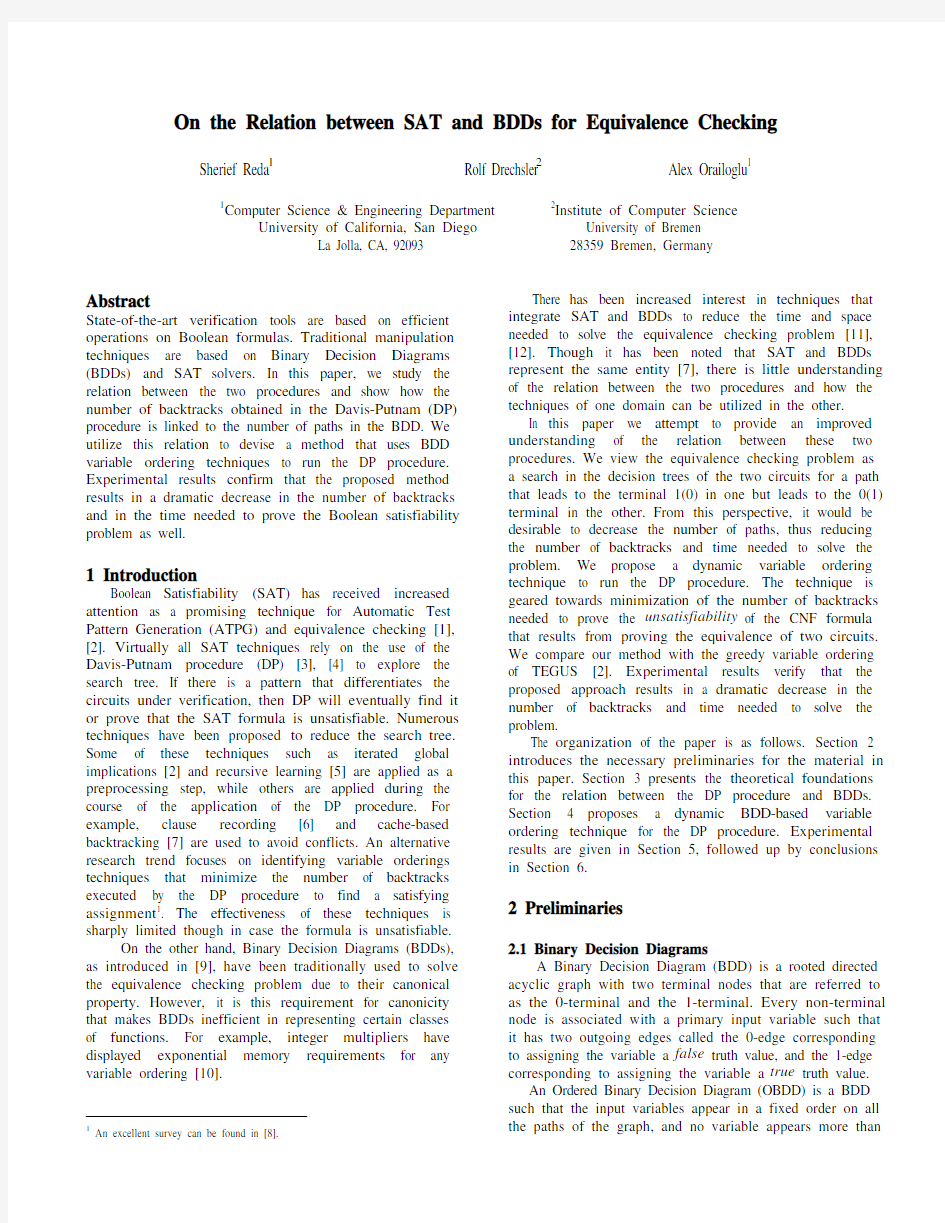 On the relation between SAT and BDDs for equivalence checking