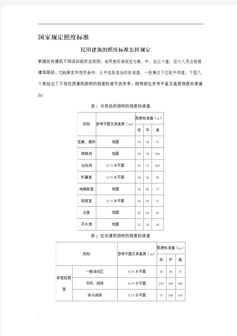 国家规定照度标准