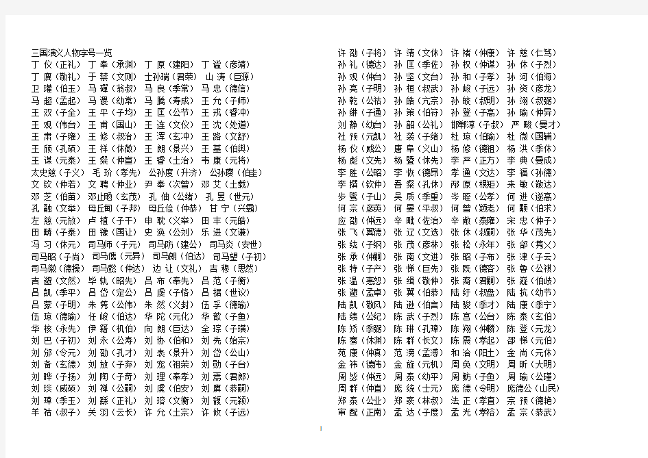 三国人物字号一览表