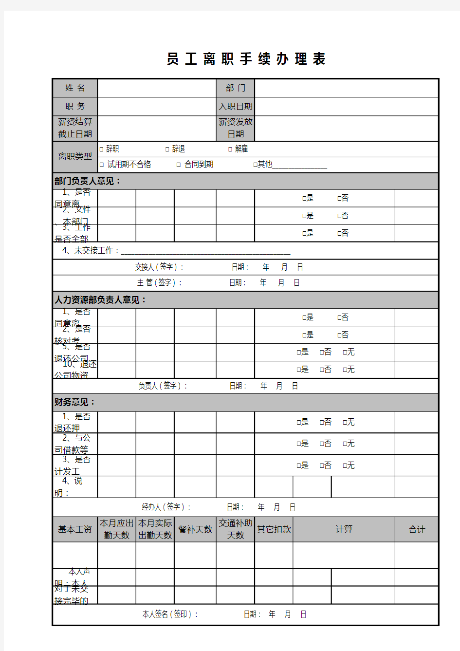 【疫情复工必备表格】员工离职手续办理表格模板