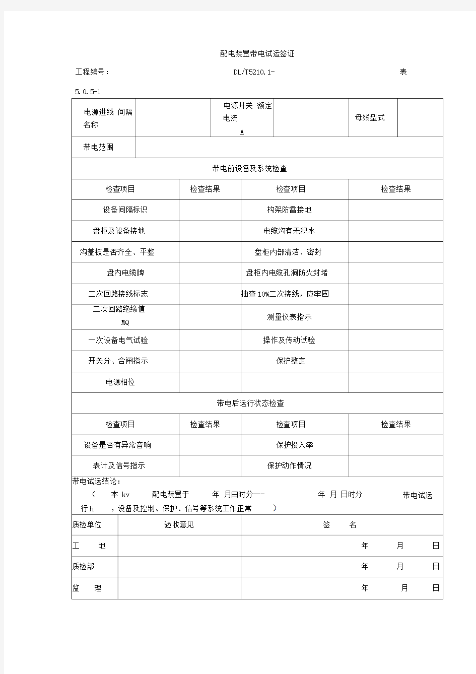 配电装置带电试运签证