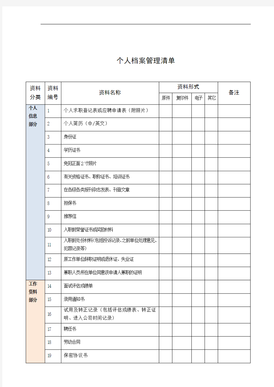 个人档案管理清单