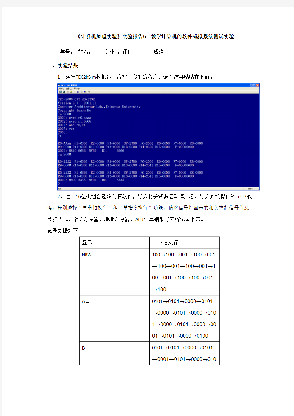 计算机组成原理实验7_组合逻辑控制器模拟系统测试实验