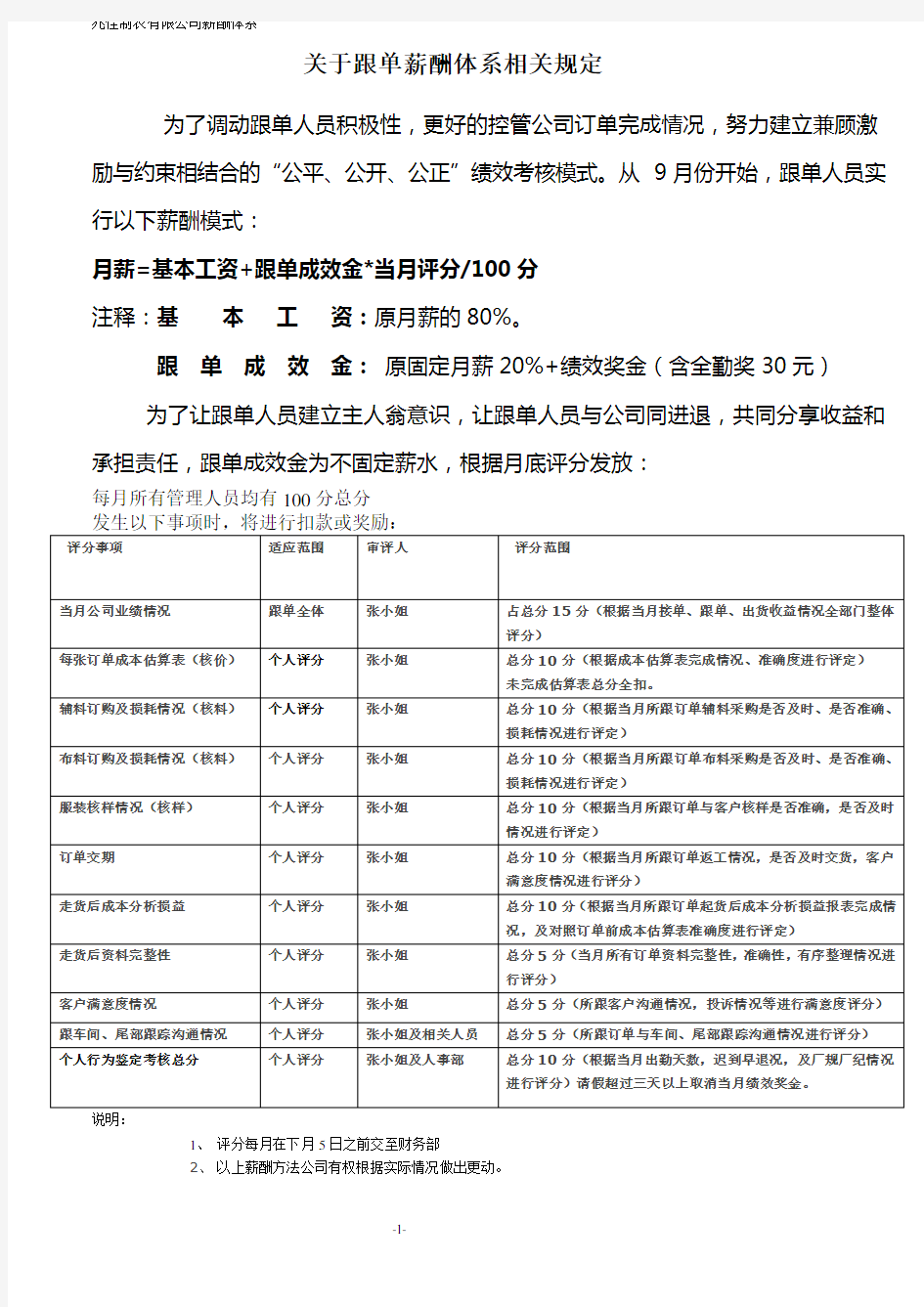 跟单员绩效考核