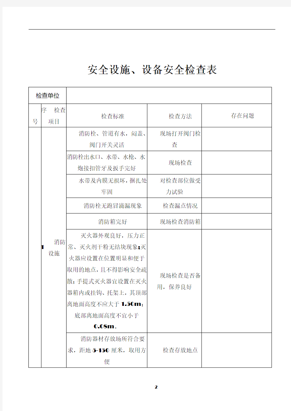 安全设施设备安全检查表