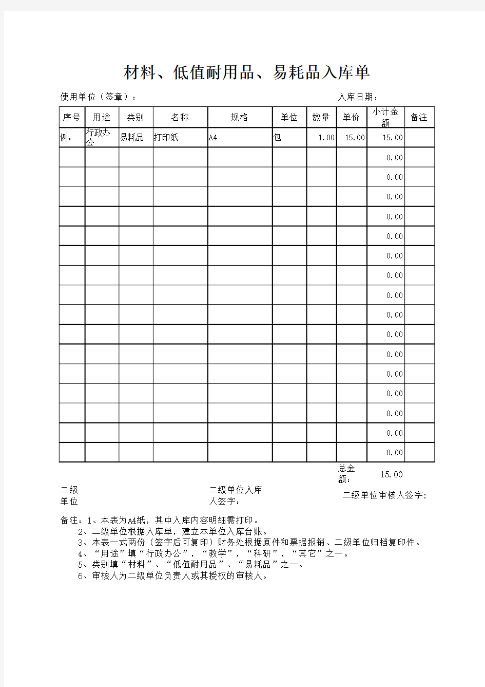 材料、低值耐用品、易耗品出入库单及台账模板