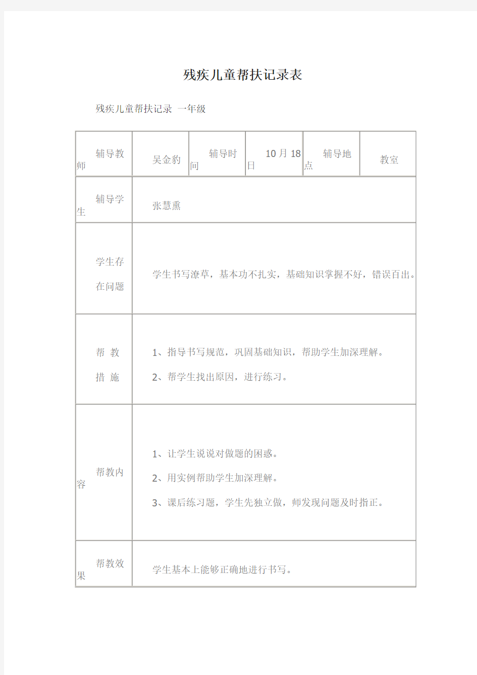 残疾儿童帮扶记录表