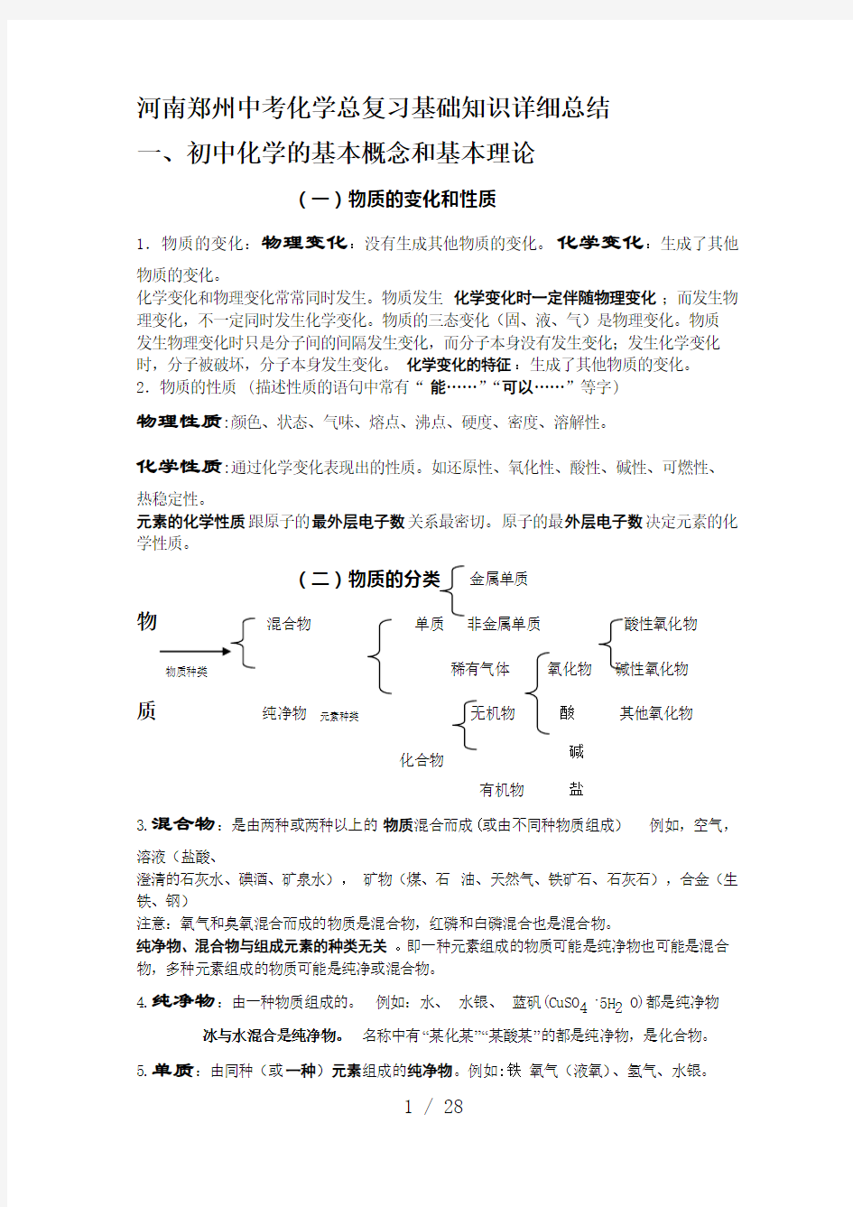 河南郑州中考化学总复习基础知识详细总结